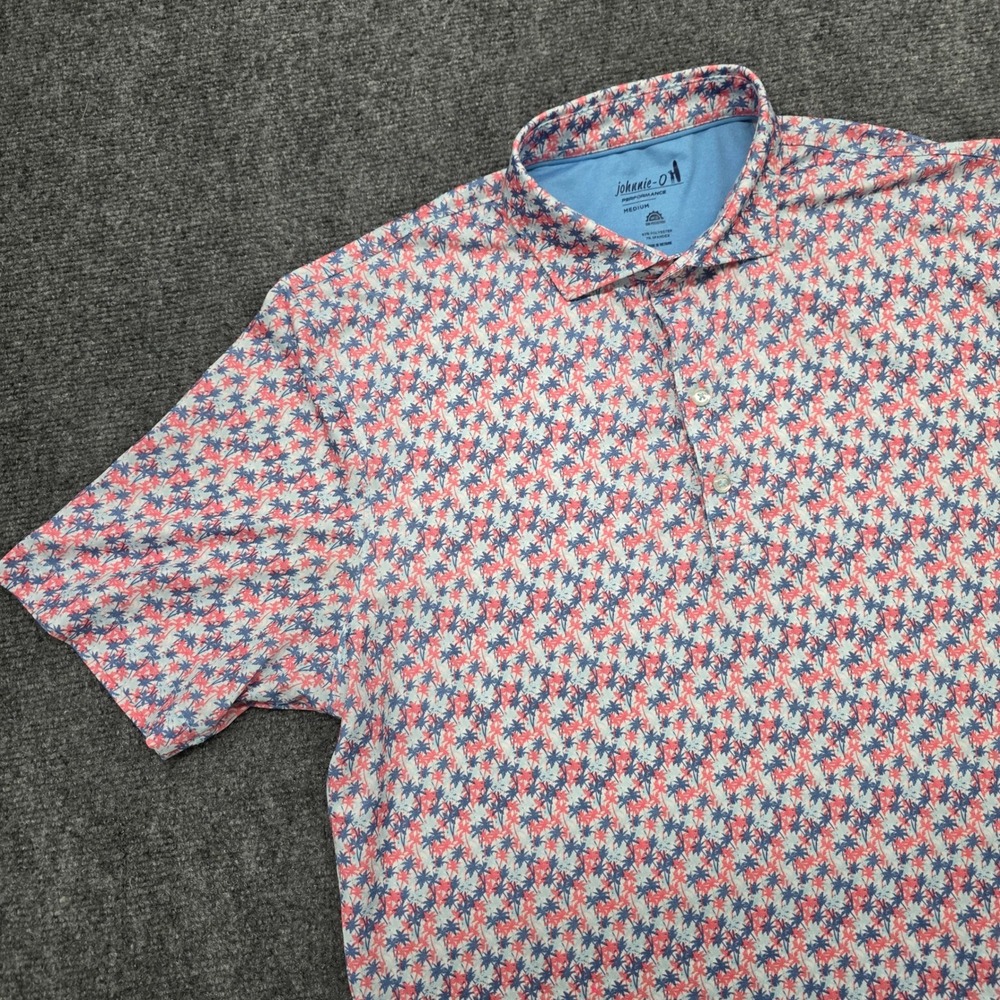 Johnnie-O Performance Mens Palm Tree All Over Print Polo Shirt Pink Blue - M